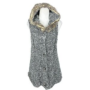 NATURAL REFLECTIONS: Gray Knit Button-Up Faux Fur Hooded Vest -Size Large